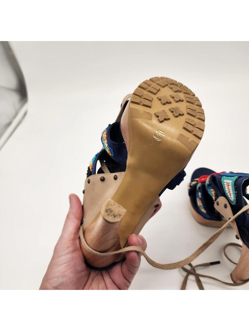 Stella McCartney Multi Color Beaded Blue Satin High Leg Lug Sole Sandal Sz 36.5 - Picture 3 of 8